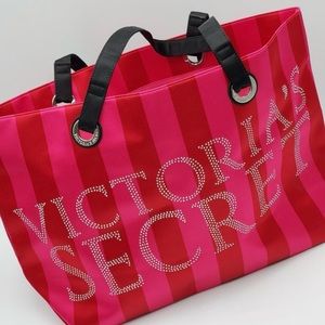 Victoria's Secret Iconic Sateen Pink & Red Studded Bling Tote Travel Bag